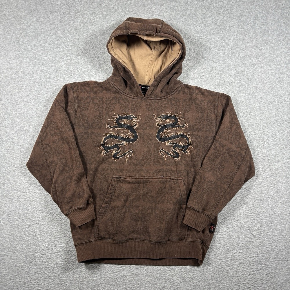 Vintage 2007 Top Heavy Dragon Hoodie Womens S Brown Y2K Cyber Grunge Cropped